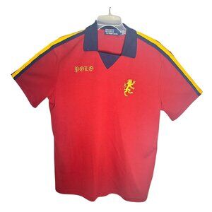 Polo Ralph Lauren Mens Red Polo Shirt W/ Yellow Lion Embroidery & Striped Should